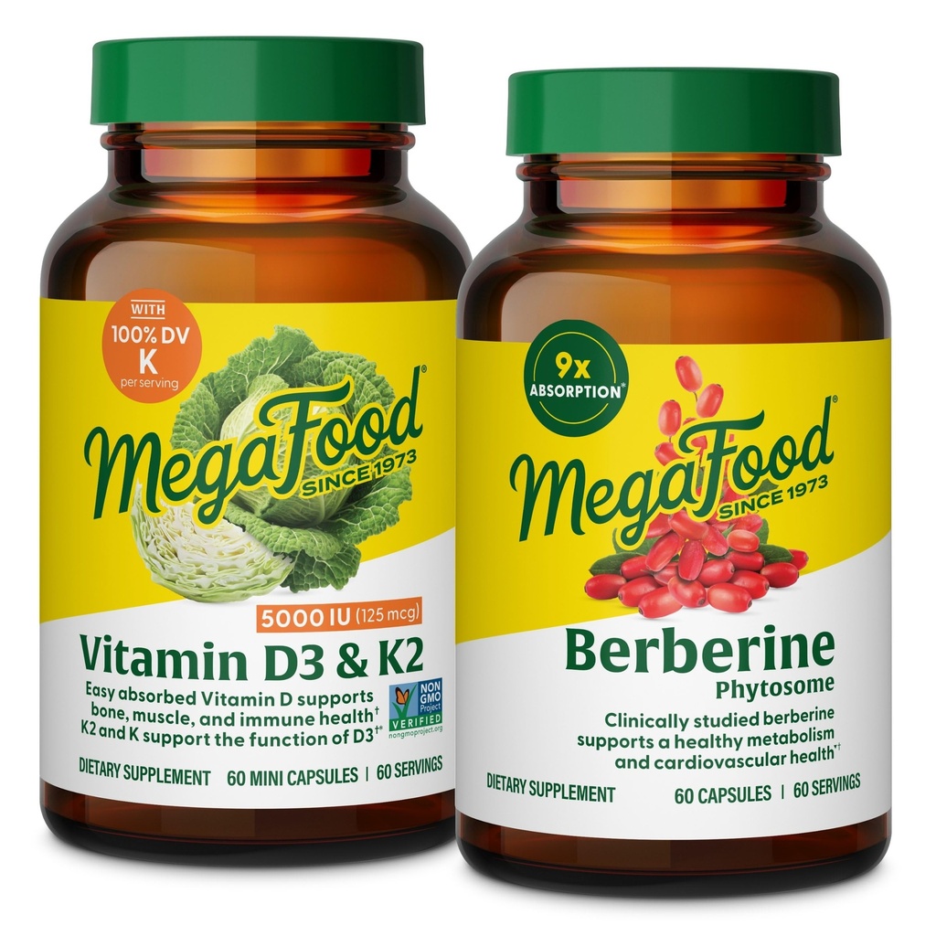 MegaFood Daily Vitamin D3 & Berberine Bundle Pack - Vitamin D3 5000 IU (60 Servings) with Berberine Phytosome (60 Servings) - Daily Dietary Supplement for Men & Women