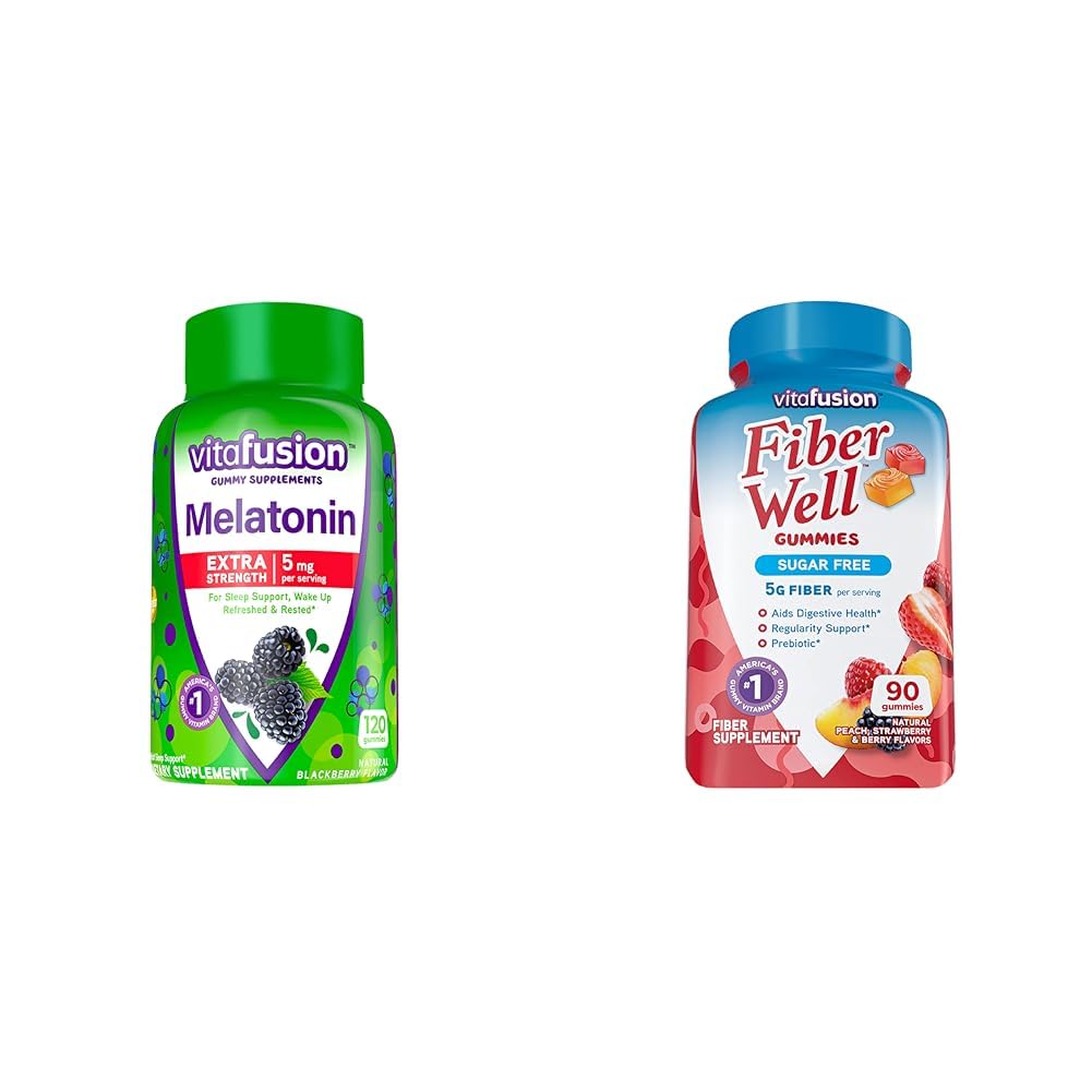 Vitafusie Extra sterkte Melatonine Gummy Vitaminen, 5mg, 120 kt Gummies & Fiber Well Sugar Free Fiber Supplement, Peach, Aardbei en BlackBerry Flavored Supplements, 90 Tellen