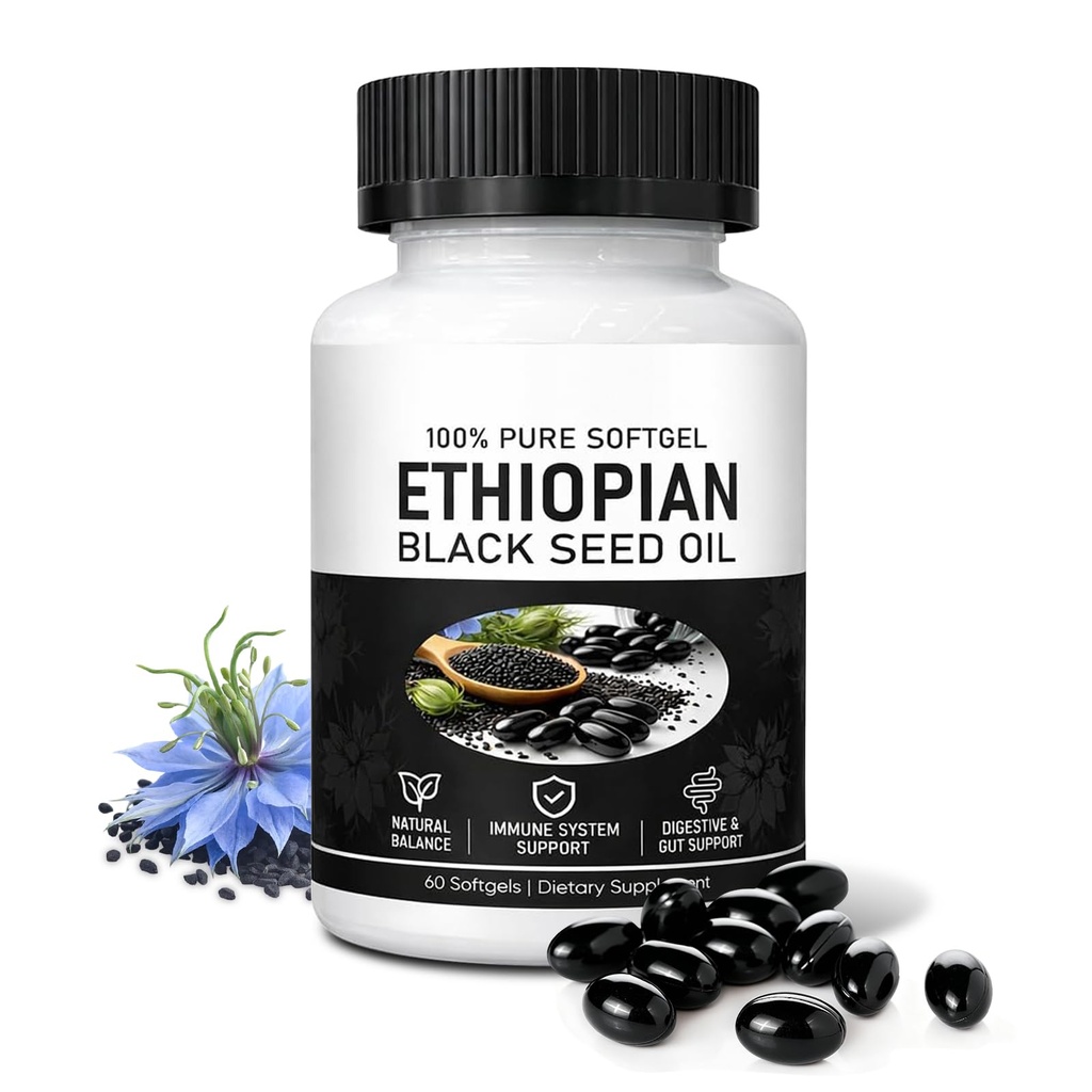 Ethiopian Black Seed Oil Capsules with 4.64% Thymoquinone, Immune Support & Digestion & Energy Booster, Non-GMO, Gluten-Free, 60 Count