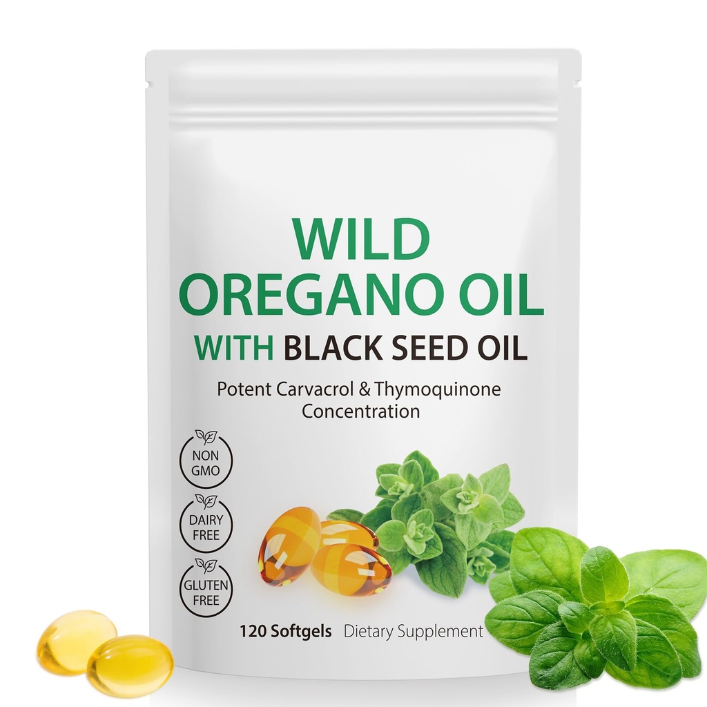 Oil of Oregano Softgels, 120 Count 2 in 1 6000mg Oil of Oregano with Black Seed Oil 200mg, Plant Based, Organic Oregano Oil Supplement Capsules, Non-GMO & Immune Support