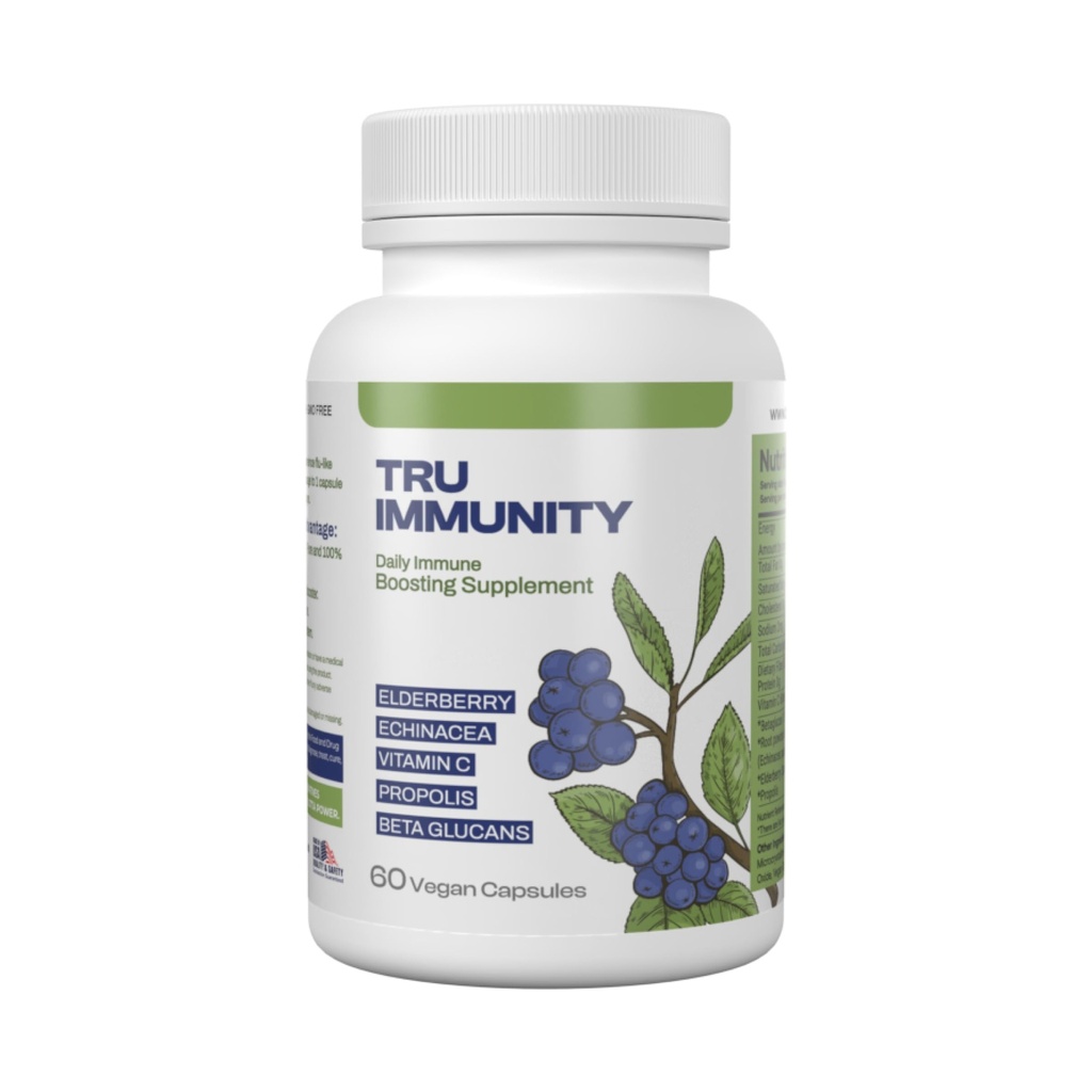 Tru Immunity Boost, Supplément de soutien immunitaire, Vitamines de rappel immunitaire pour les adultes avec Elderberry, Echinacea, Vitamine C, Propolis et Beta Glucans, 60 Capsules Vegan