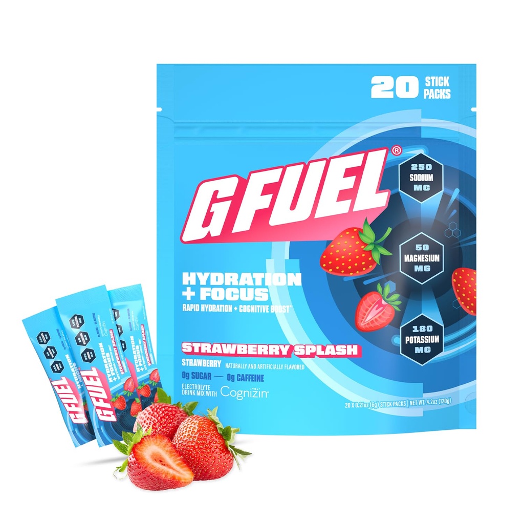 G Fuel Electrolytes Powder for Instant Hydration and Focus | Sugar Free, Strawberry Flavor, Electrolyte and Nootropic Drink Mix to Sharpen Mental Focus, 20 Servings