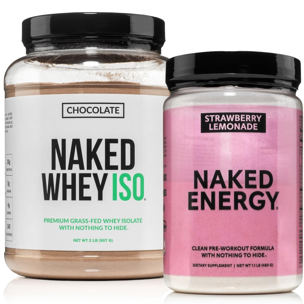 NAKED Chocolate Whey Isolate Protein Powder (24 Servings) Strawberry Lemonade Energy Pre Workout (30 Servings) – Grass-Fed; Non-GMO; Gluten Free; Soy Free; Vegan Friendly
