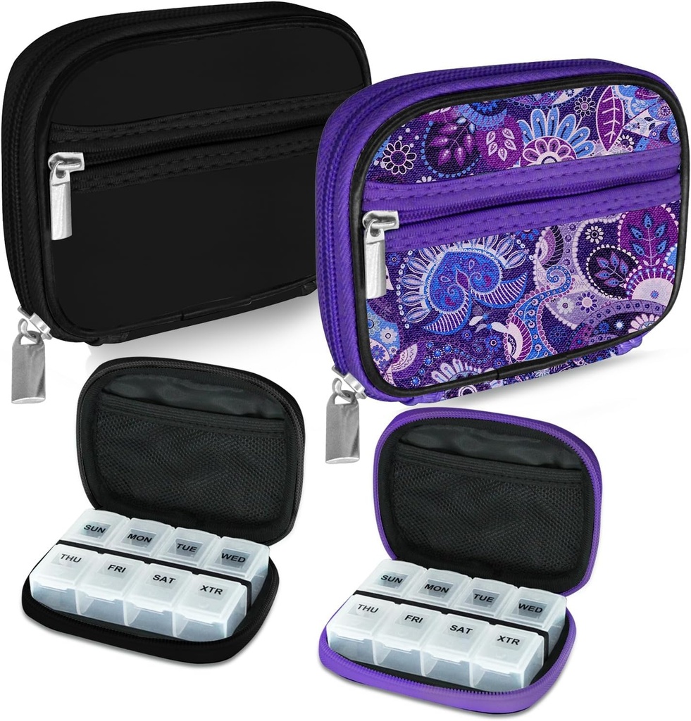 Serfeymi Weekly Travel Pill Organizer Pill Case voor Portemonnee met verwijderbare 7 dagen pil Box, Modieuze Travel Medicine Organizer Pillencontainer voor Geneeskunde, Vitamine, Supplement - Black 01 + Paars 01