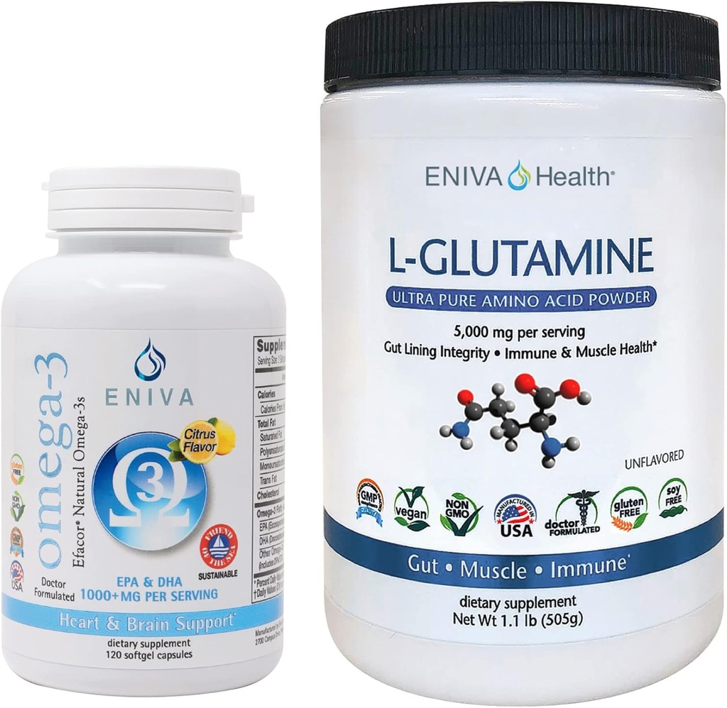 Eniva L-Glutaminepoeder, 1,1-Pond en Omega-3 Visolie (60 doppen)