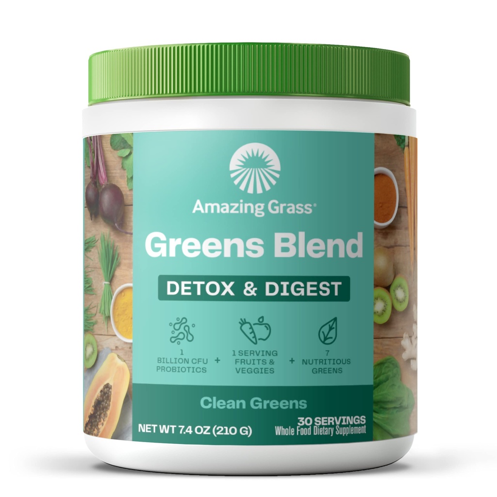 Amazing Grass Greens Blend Detox & Digest: Cleanse with Super Greens Powder, Beet Root Powder, Digestive Enzymes, Prebiotics & Probiotics, Clean Green, 30 Servings (Packaging May Vary) (Pack of 12)