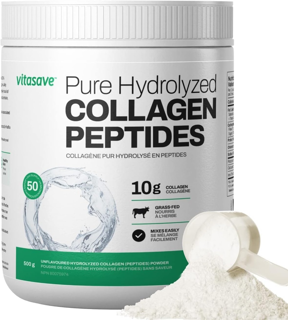 Vitasave Collagen Peptides Poudre – 10g Collagène hydrolysé par service – Non aromatisé, gazonné, Keto amical – peau, cheveux, ongles et soutien articulaire – 500g
