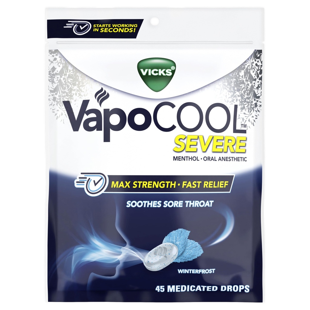 Vicks VapoCool Ernstige Mediciated Sore Throat Drops, Max Strength Menthol, Soothes Sore Throat Pain, Winterfrost Flavor, 45ct