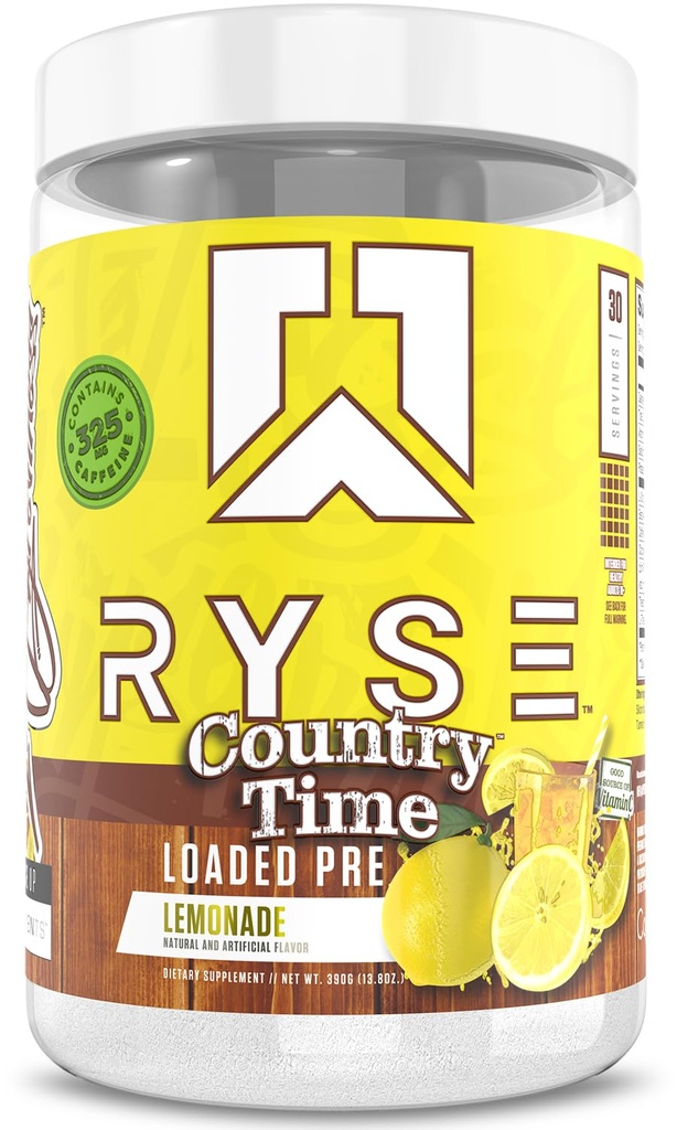 RYSE Charged Pre Workout Poudre - Country Time Lemonade - Pré-entraînement quotidien pour les hommes et les femmes avec 325mg de caféine, Beta Alanine et Citrulline pour pompe, focus et énergie - 30 portions