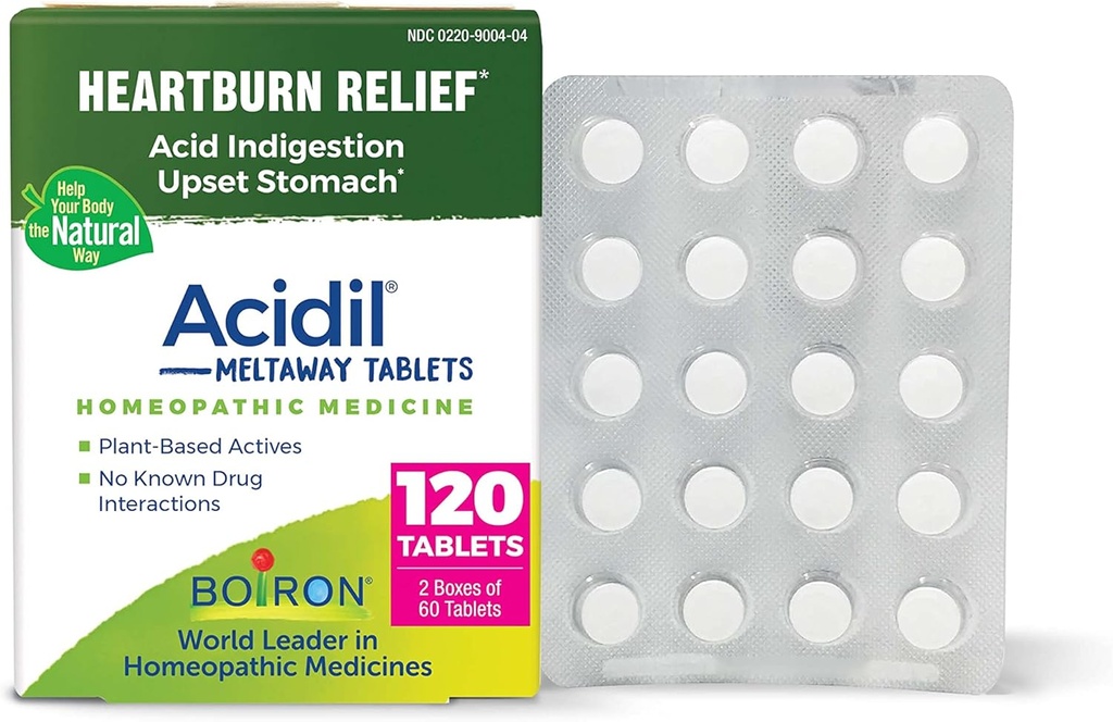 Boiron Acidil Tablets for Relief of Acid Reflux, Heartburn, Indigestie en Upset Maag - 120 Tel (2 Pack of 60)