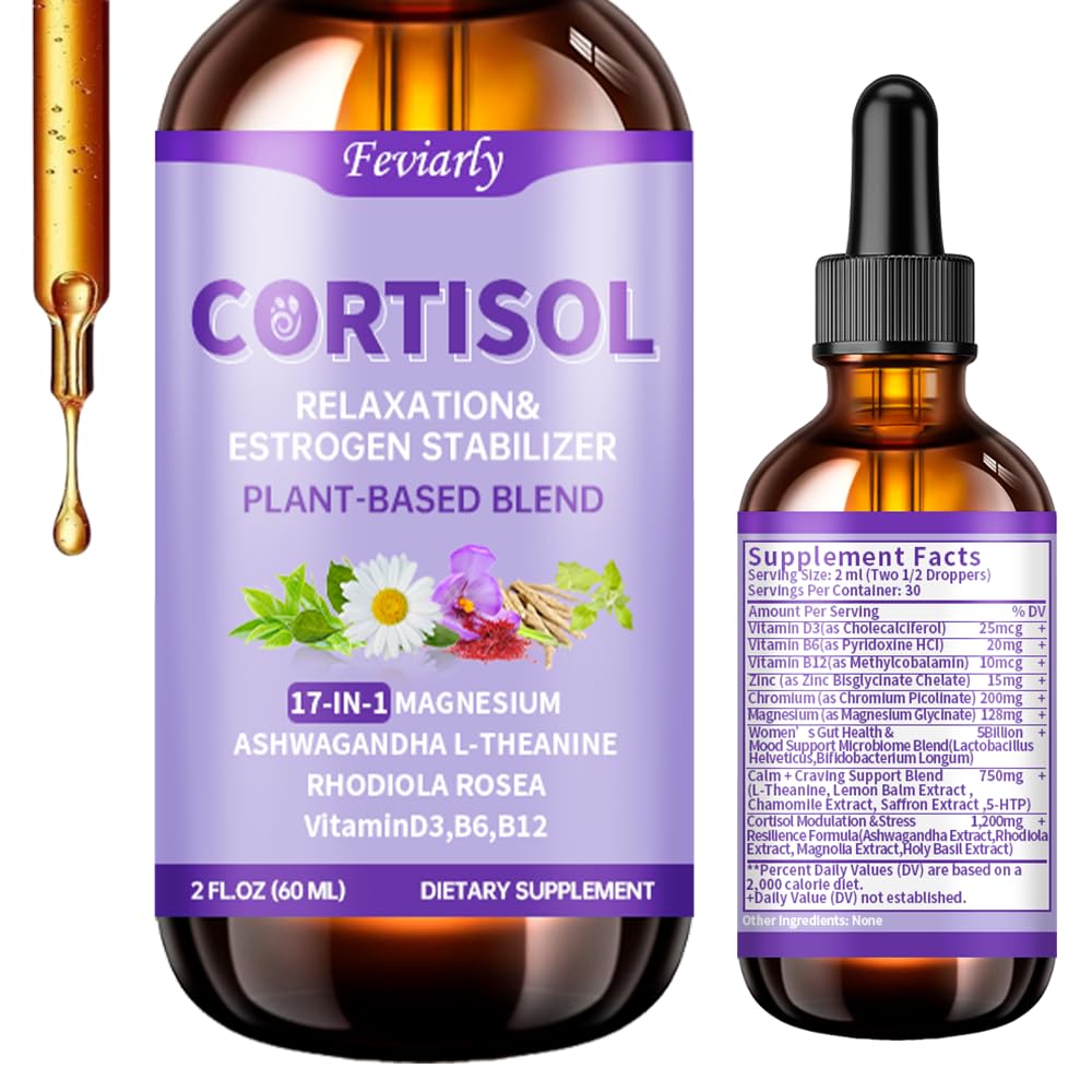 17-in-1 Cortisol Liquid Drops- Stress Eating, Ashwagandha, Rhodiola Rosea, 5-HTP, L-Theanine & Probiotics-Balanced Cortisol, Restful Sleep & Mood Enhancement, Relax
