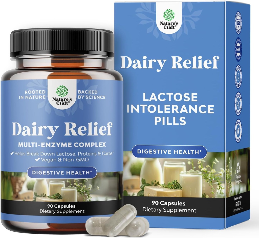 Pilules d'intolérance au lactose 90 jours d'approvisionnement - Enzymes digestifs laitiers à action rapide - Pilules de soulagement des produits laitiers pour la digestion, le gonflement, le gaz et les protéines de glucides - Supplément de digestion pour le soulagement de l'intolérance au lactose