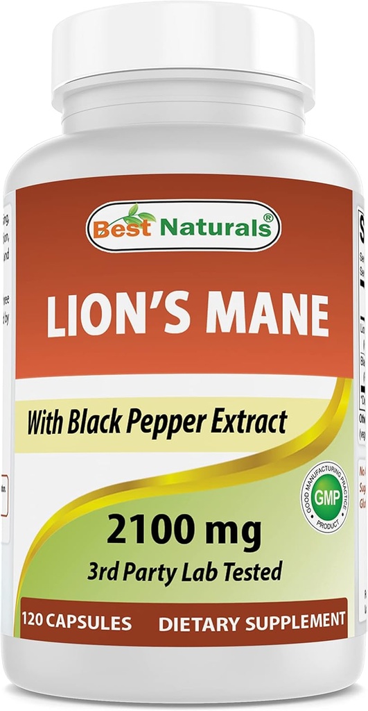 Best Naturals Lions Mane Mushroom Supplement 2100mg - 120 Capsules - Ondersteunt geestelijke helderheid, focus en immuungezondheid - toegevoegd zwarte peper voor maximale absorptie