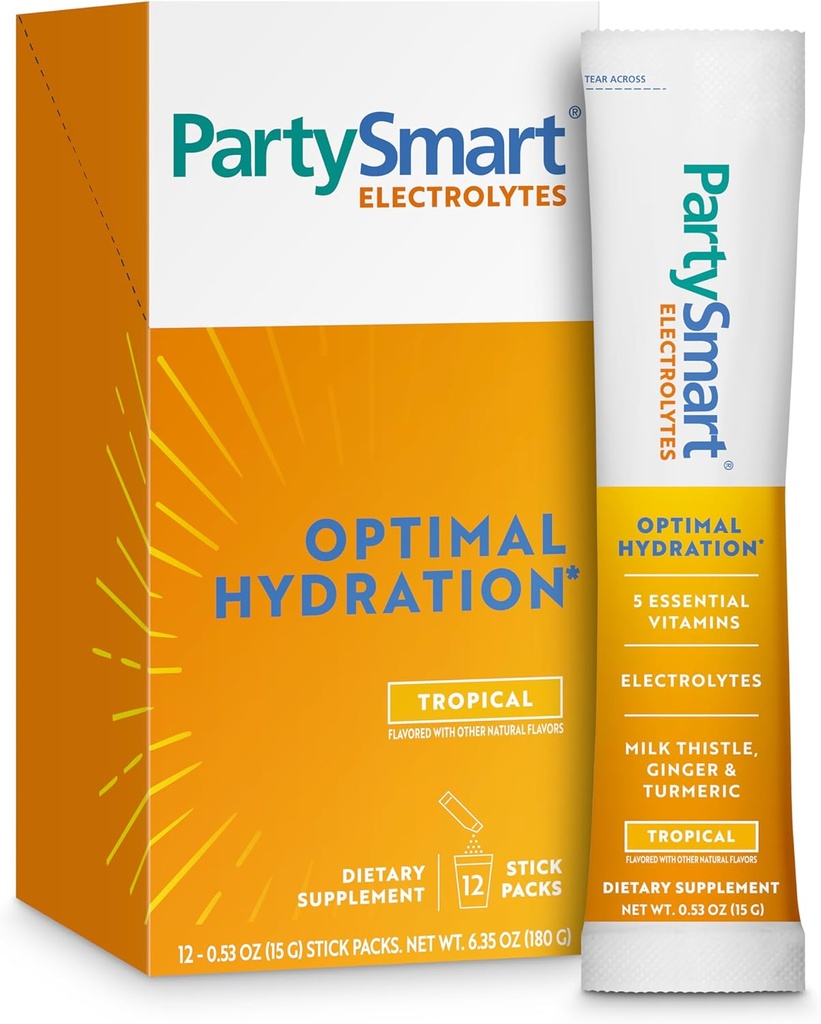 Himalaya PartySmart Tropical Electrolytes Powder Packets, 12 Compte, Soutient l'hydratation, Réhydrater avec le sodium et le potassium, Vitamine C et plus, Antioxydant Recovery Blend Lait Thistle, Ginger & Turmeric