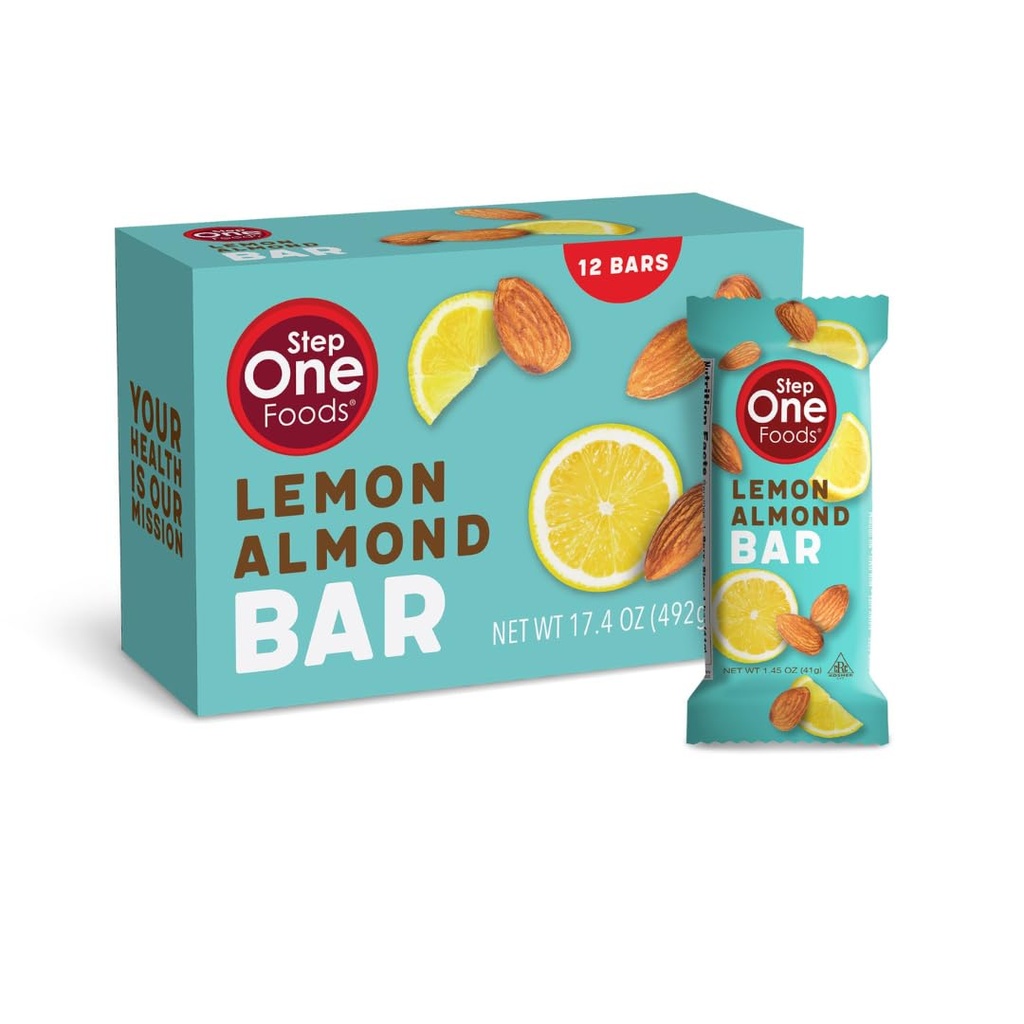 Étape 1 Aliments Bar à amandes citron, stérols de plantes de snack en santé cardiaque, snack à fibre haute d'Oméga 3 sans gluten et sans lait, végétalien, sodique zéro, barres de Granola (12 pack)