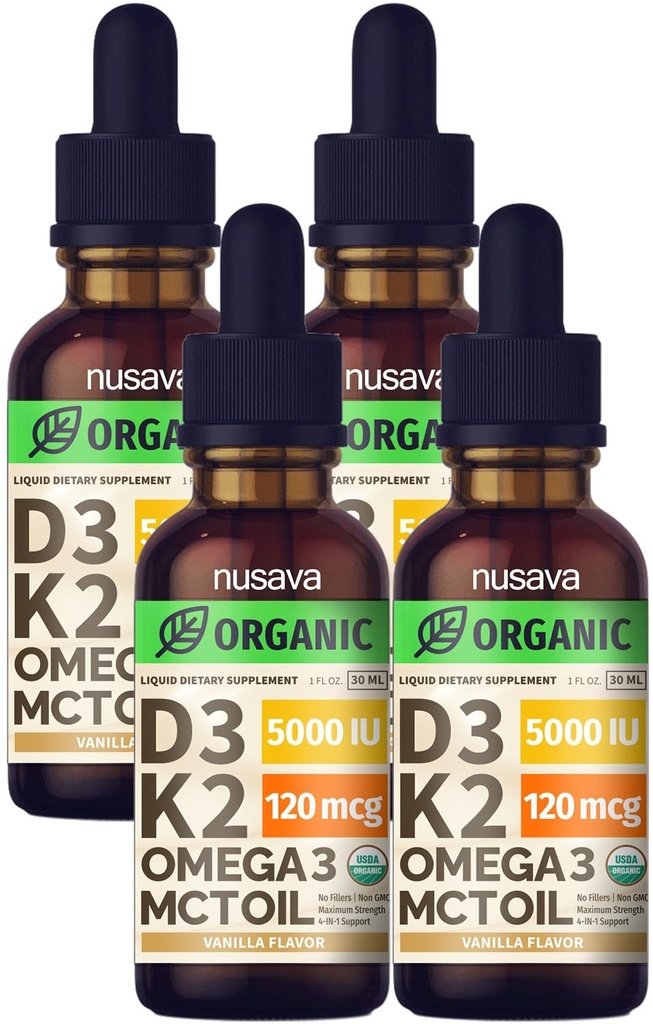 (4 verpakkingen) Biologische vitamine D3 K2 druppels met MCT olie Omega 3, 5000 IE, maximale sterkte vitamine D vloeistof - geen fillers, niet-GMO vloeibare D3 voor snellere absorptie & Immune ondersteuning (Vanilla, 4 Fl Oz)