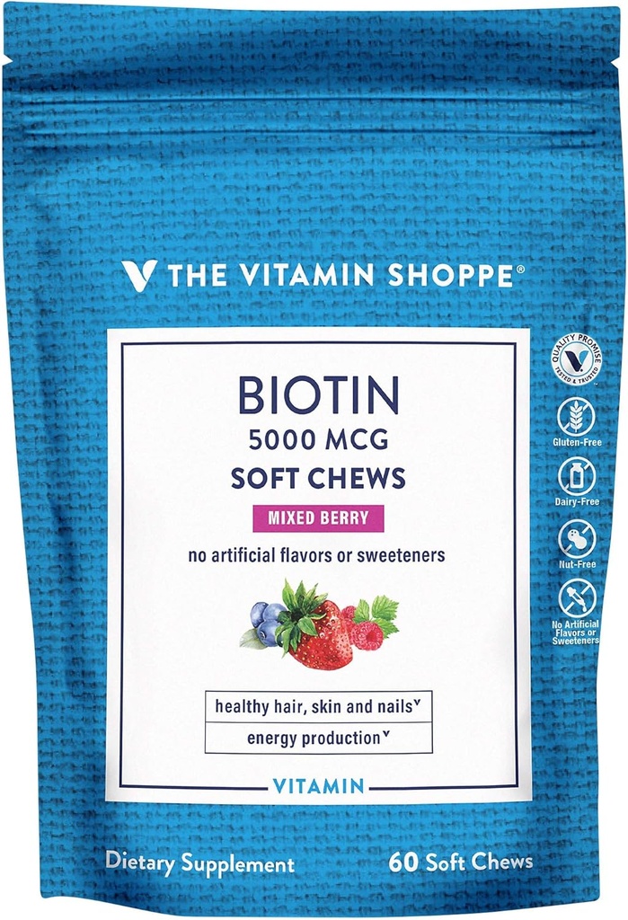 De vitamine Shoppe Biotin Zachte Kauwen voor haar, huid en nagel ondersteuning - 5.000mcg - gemengde bessen (60 zachte kauwen)