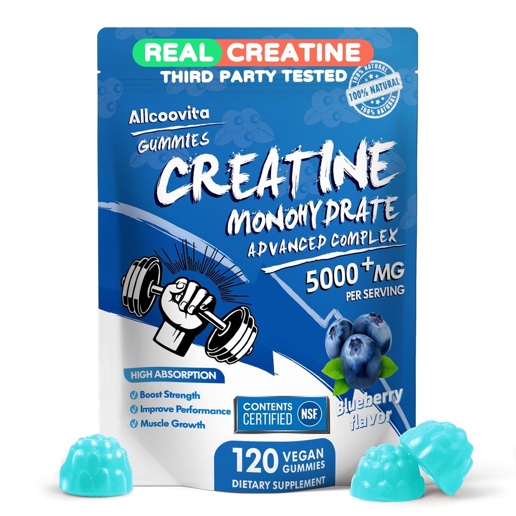 Complexe Gommies Monohydrates de Créatine pour hommes et femmes - 120 Gommies Formule avancée, L-Taurine + Vitamine B12 pour la force musculaire, constructeur musculaire, boost énergétique, supplément pré-entraînement -Blueberry