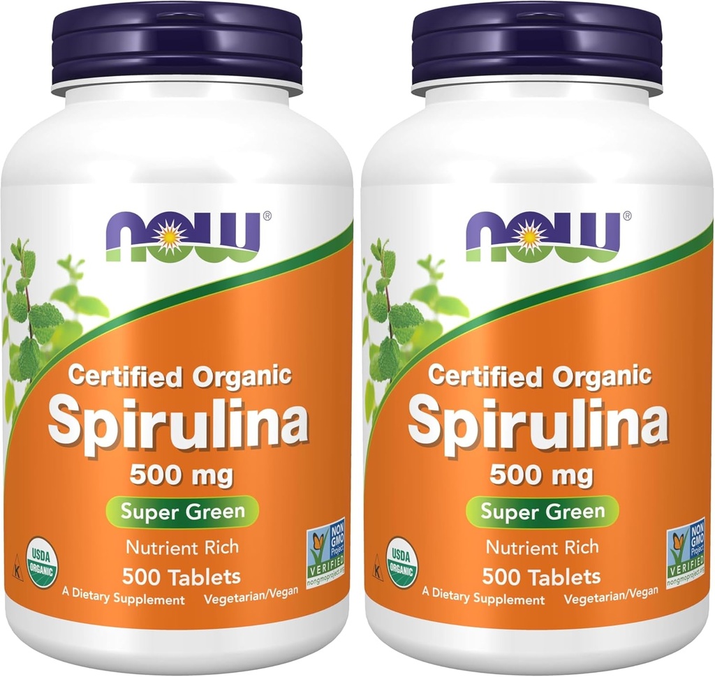 NOW Supplementen, Organische Spirulina 500 mg met vitamines, mineralen en GLA (Gamma-Linoleenzuur), 500 tabletten (verpakking van 2)