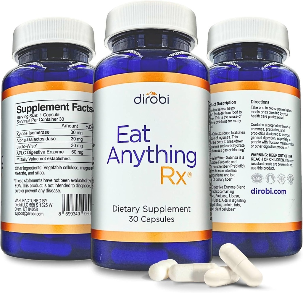 Dirobi Eten Alles Xylose Isomelase Fructose Malabsorptie Enzymen, FODMAP Supplement, Digestieve Enzymen voor Beter Lactose, Vet, Eiwit en Koolhydraat Digestie Gas & Bloating Relief 30 Capsules