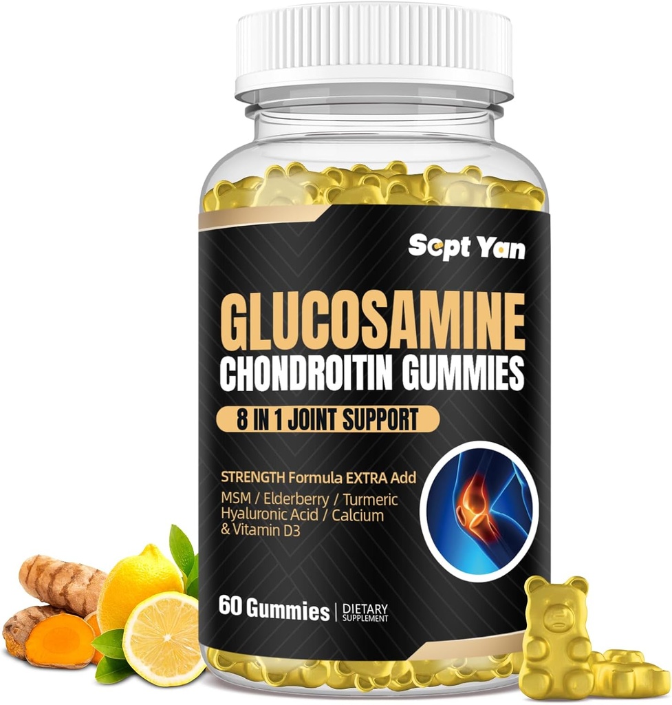 Glucosamine Chondroitin Gummies - 60 Joint Support Supplements - 1500mg Extra sterkte met MSM, Vlierbes, Kurkuma - Cartilage & Immune Ondersteuning voor volwassenen, mannen en vrouwen Veganist - Gemakkelijk te slikken