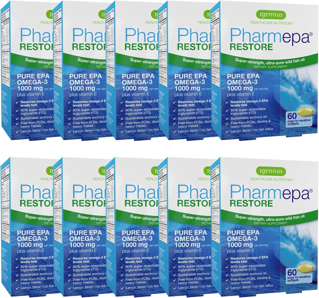 Igennus Pharmepa Restore, Pure EPA 1000mg, Omega 3 rTG Visolie, IFOS Certified, Hoge Absorptie, 90% Concentratie Triple Strength, Wild & Sustainable, Lemon Flavor, 10-maand levering, Pack van 10