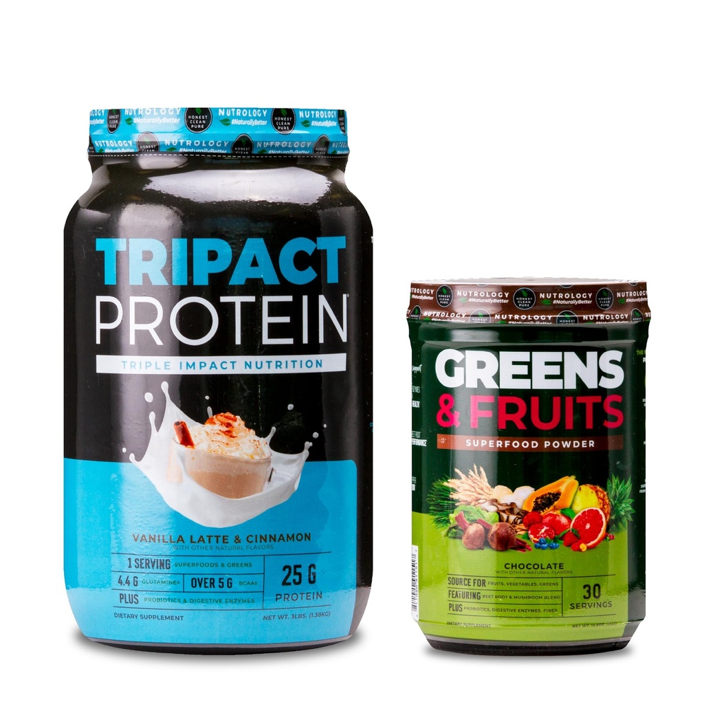 Nutrology TRIPACT Protein Powder, 7-in-1 Meal Replacement Shake, Vanilla Latte Cinnamon Flavor (40 Servings) Greens & Fruits Powder-Naturally Sourced Superfood, Chocolate (30 Servings)