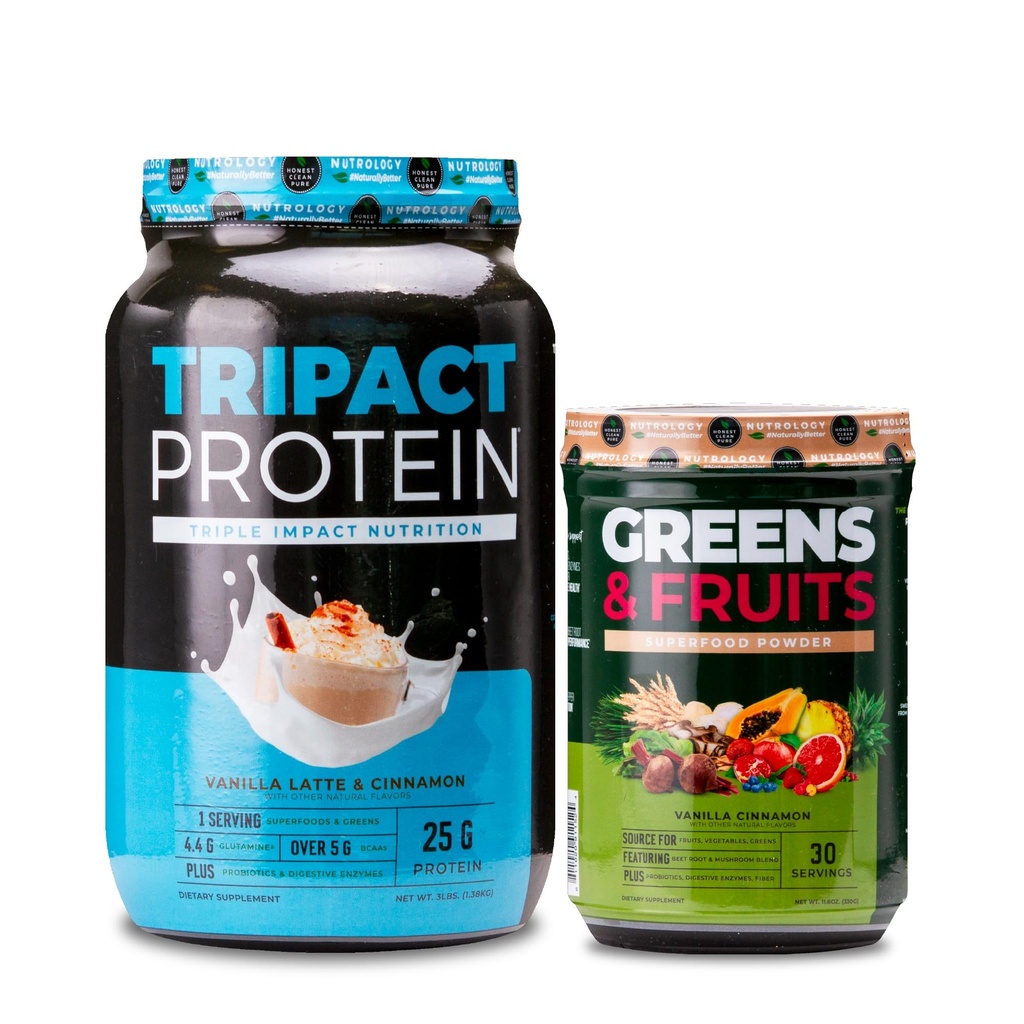Nutrology TRIPACT Protein Powder, 7-in-1 Meal Replacement Shake, Vanilla Latte Cinnamon (40 Servings) & Greens & Fruits Powder-Naturally Sourced Superfood, Vanilla Cinnamon (30 Servings)