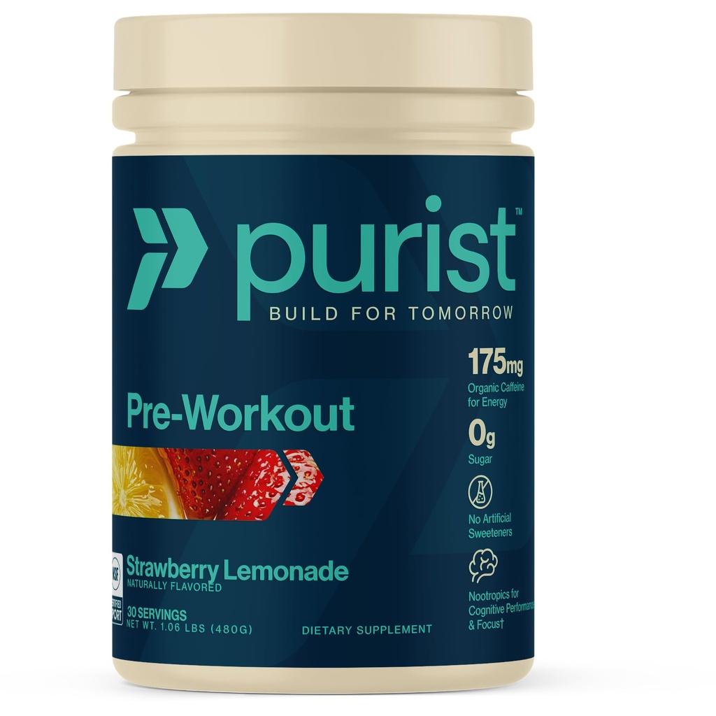 PURIST Pre-Workout Powder | Citrulline, Beta Alanine, Natural Caffeine, Nootropics | Contains Stevia | Sugar Free, NSF Certified | Men & Women, Busy Parents | 30 Servings (Strawberry Lemonade)