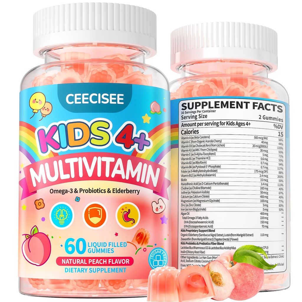 Kids Multivitamin with Iron Gummies: Natural Sugar Free Methylated Multivitamin Gummy with Omega 3 Probiotic Elderberry DHA Calcium Zinc - Daily Immune Overall Support for Kids(120 Count)