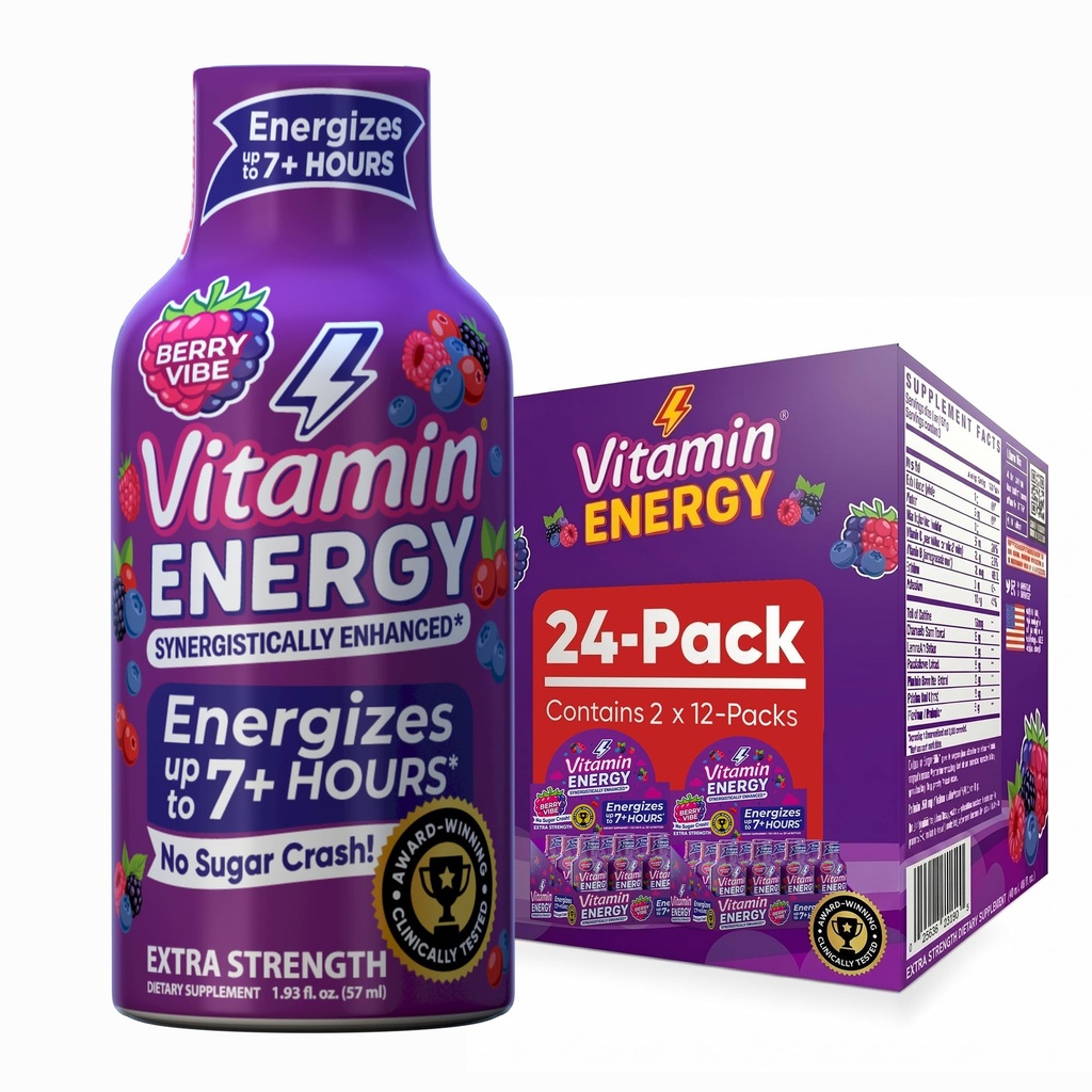 Vitamine Energie Mood+ Extra sterkte Energie Shot Tropical Berry 24 Pack, 260mg Natural Cafeine, B-Vitamins, Rhodiola, kamille, Mood & Energy Support, Zero Sugar, Gluten-Free, Veganistan, 1,93 fl oz