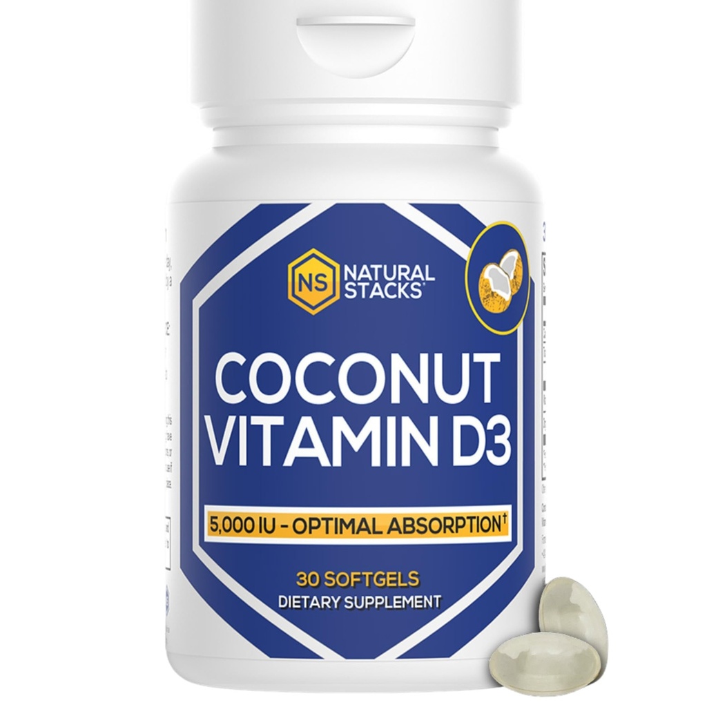 NATUURLIJKE STAKKEN Vitamine D 5000 IE Supplement - met Kokosolie voor optimale absorptie - Vitamine D Pillen voor Immuniteit & celgroei - D3 125 mcg Cholecalciferol Supplement - 30 D3 Servers