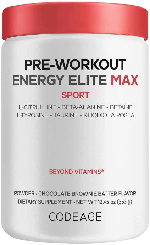 Codeage Pre-Workout Energy Elite Max - Chocolate Brownie Batter Flavor - L-Citrulline, Betaine, Beta-Alanine, Rhodiola Rosea, L-Tyrosine, Taurine - Workout Energy Powder Supplement - 12.45 oz