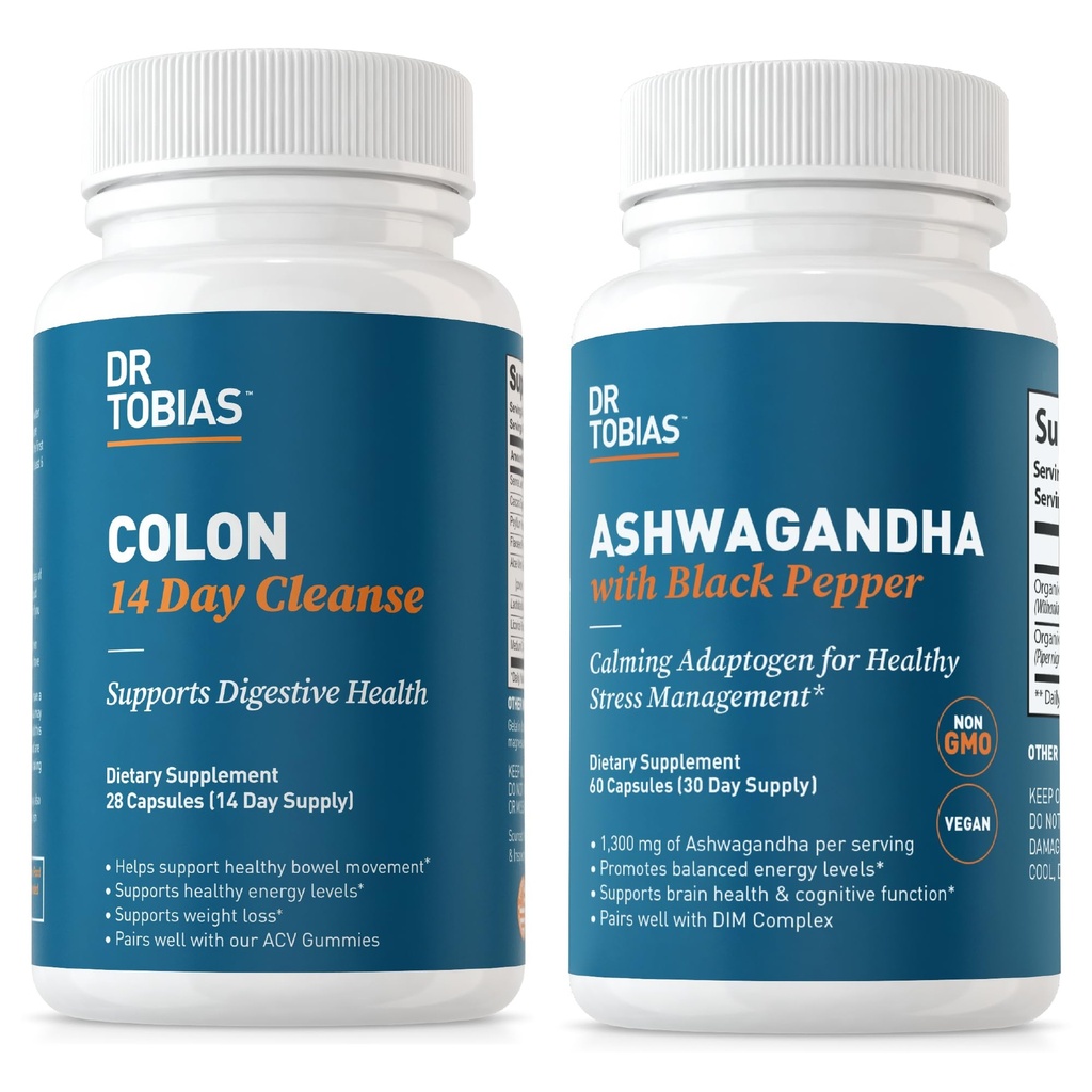 Dr Tobias Colon 14 Day Cleanse et Ashwagandha Capsules, Colon Cleanse Detox et Calme Adaptogen, soutient l'énergie et la santé immunitaire, non-OGM