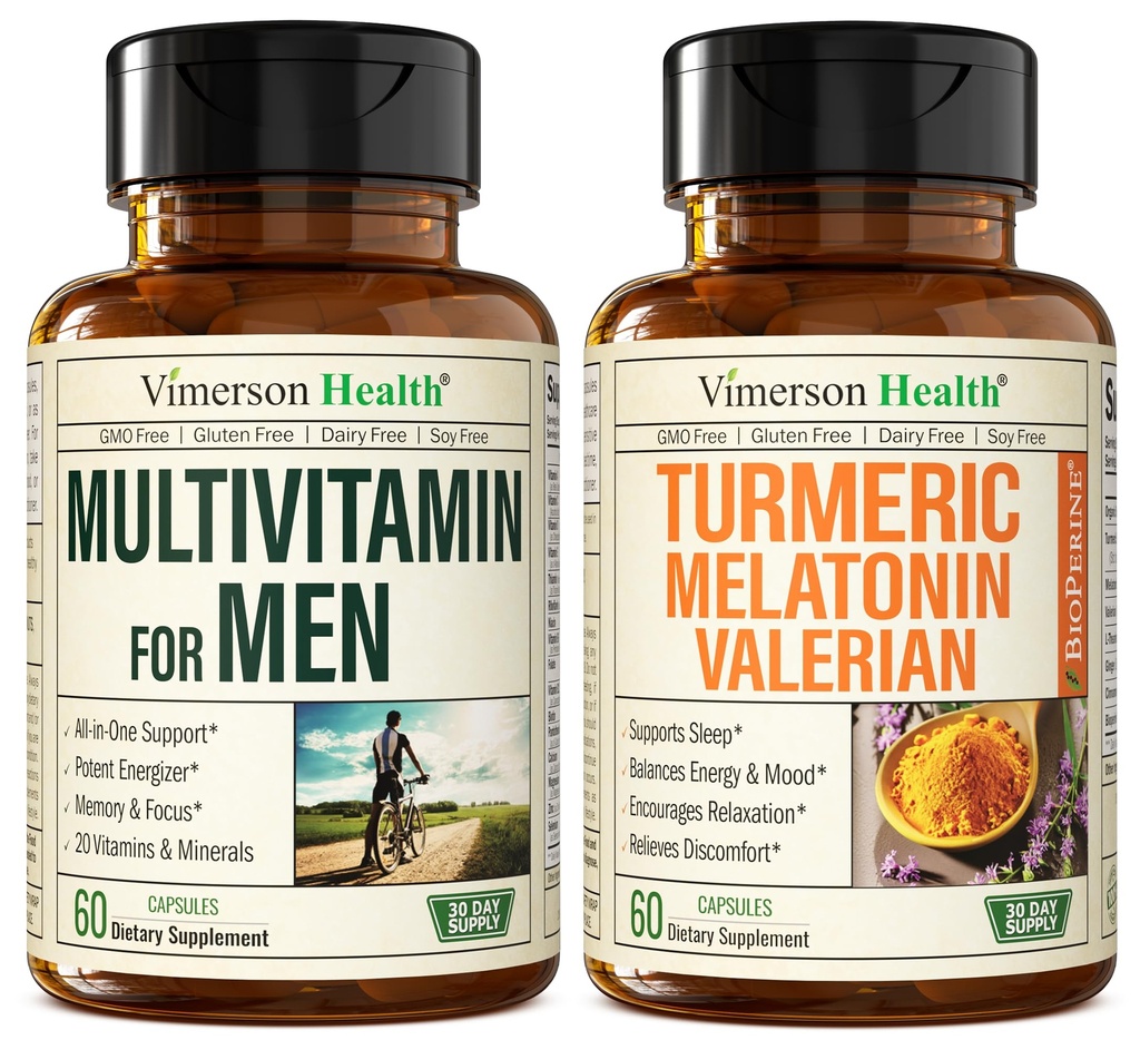 Multivitamines masculines + Melatonine curcuma Bundle valériane pour le soutien conjoint et le soulagement du malaise, la santé immunitaire et la réponse inflammatoire