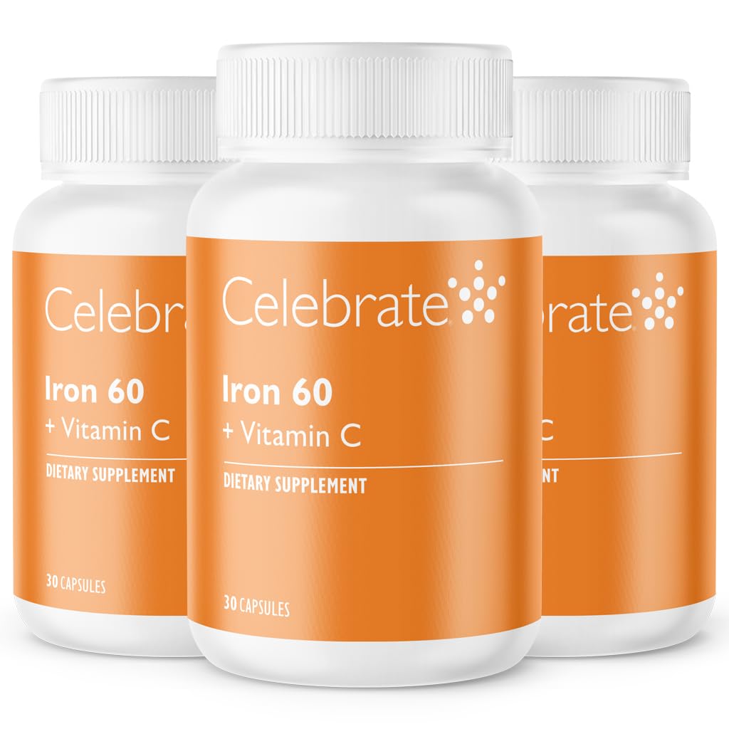 Célébrez le supplément de fer aux vitamines C - 60mg Fer, 60mg Vitamine C, Vitamines bariatriques pour les patients atteints de SDF, Chirurgie par voie verticale et gastrique (90 Capsules)