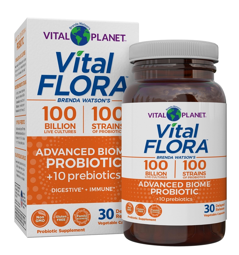 Vital Planet - Vital Flora Advanced Biome Probiotic 100 Miljard CFU, 100 Diverse Strains, 10 Biologische Prebiotica, Immune Support, Colon en Digestieve Gezondheid Probiotica voor vrouwen en mannen 30 Capsules