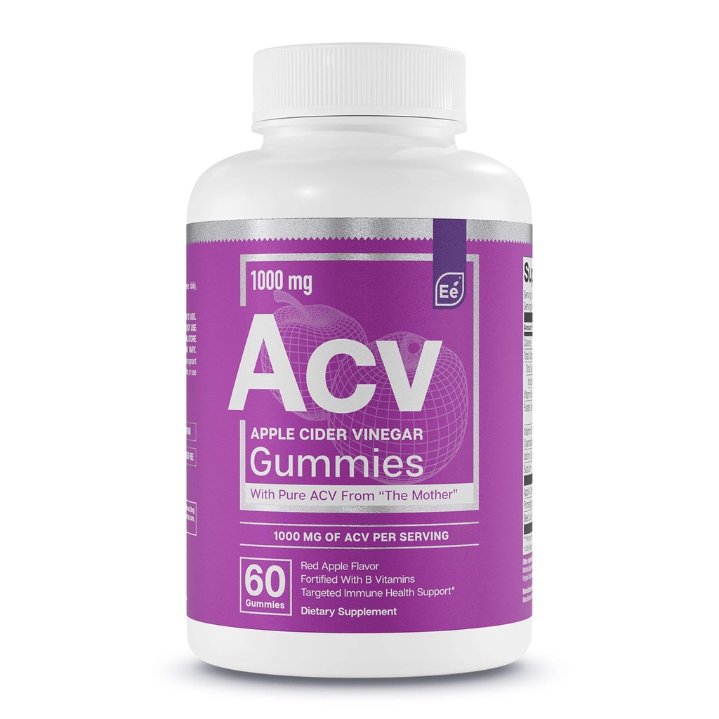 Essentiële elementen Apple Cider Vinegar Gummies van de moeder - natuurlijk-gezongen, Vegan ACV met foliumzuur en vitamine B6 & B12 60 Tel.