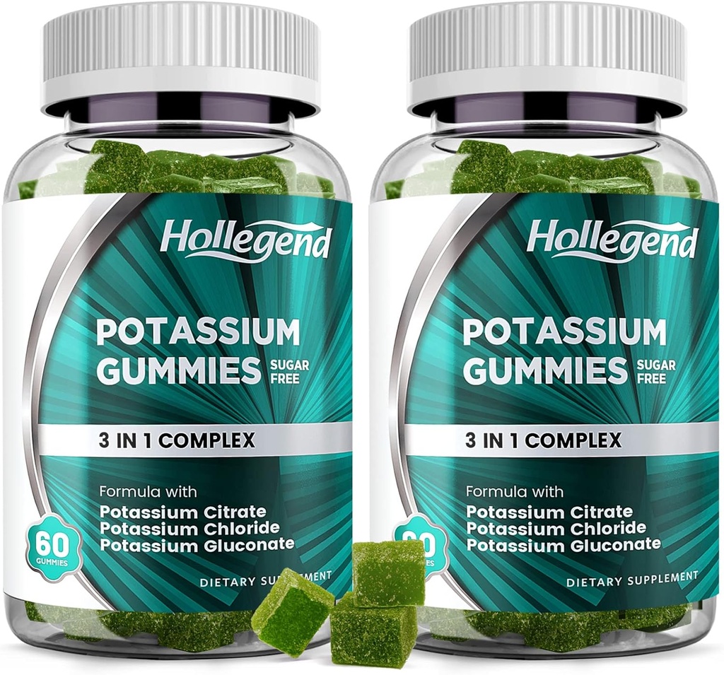 Kalium 3 in 1 Complexe Gummies Suikervrij, Nieuwe Formule met 99mg Kalium citraat, Kaliumchloride, Kalium Gluconaat, Leg Kraampjes en Spiersupplementen, 120 Kauwtabletten