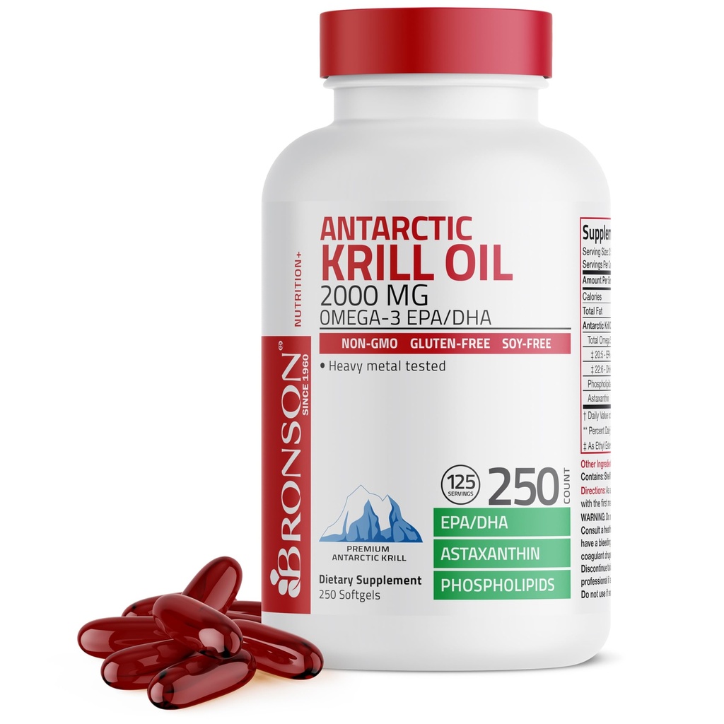 Bronson Antarctic Krill Oil 2000 mg met Omega-3s EPA, DHA, Astaxanthine en Fosfolipiden, 250 Softgels (125 Servings)