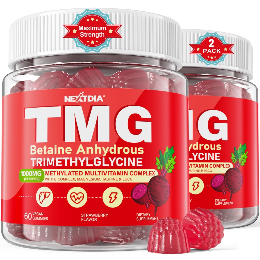 2Pack TMG Gummies 1000mg Betaine Anhydrous + Methylated Multivitamin & B Complex Methylated(Methylfolate B12 B6), Magnesium, Taurine - Essential Trimethylglycine for Homocysteine Levels, Brain, Energy