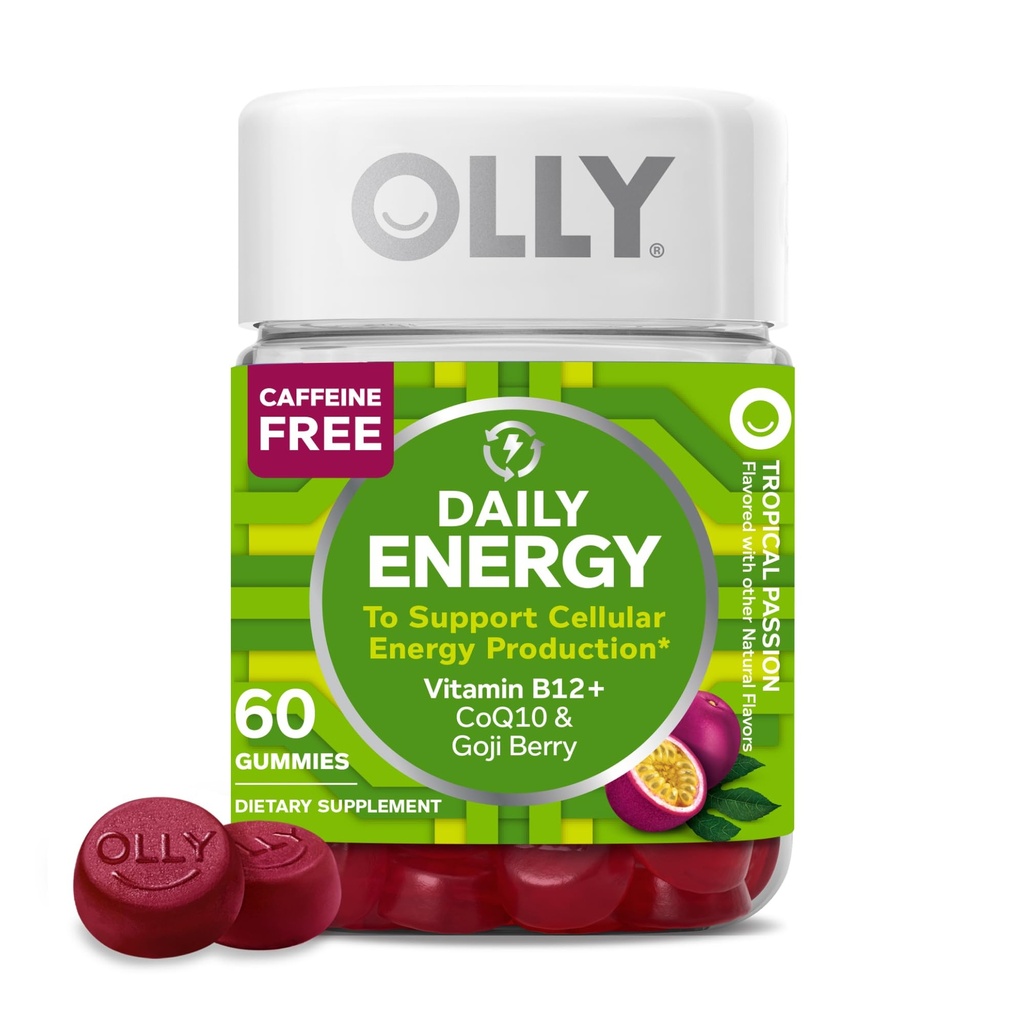 OLLY Daily Energy Gummy, Cafeïnevrij, Vitamine B12, CoQ10, Goji Berry, Adult Chewable Supplement, Tropische smaak - 60 Tellen