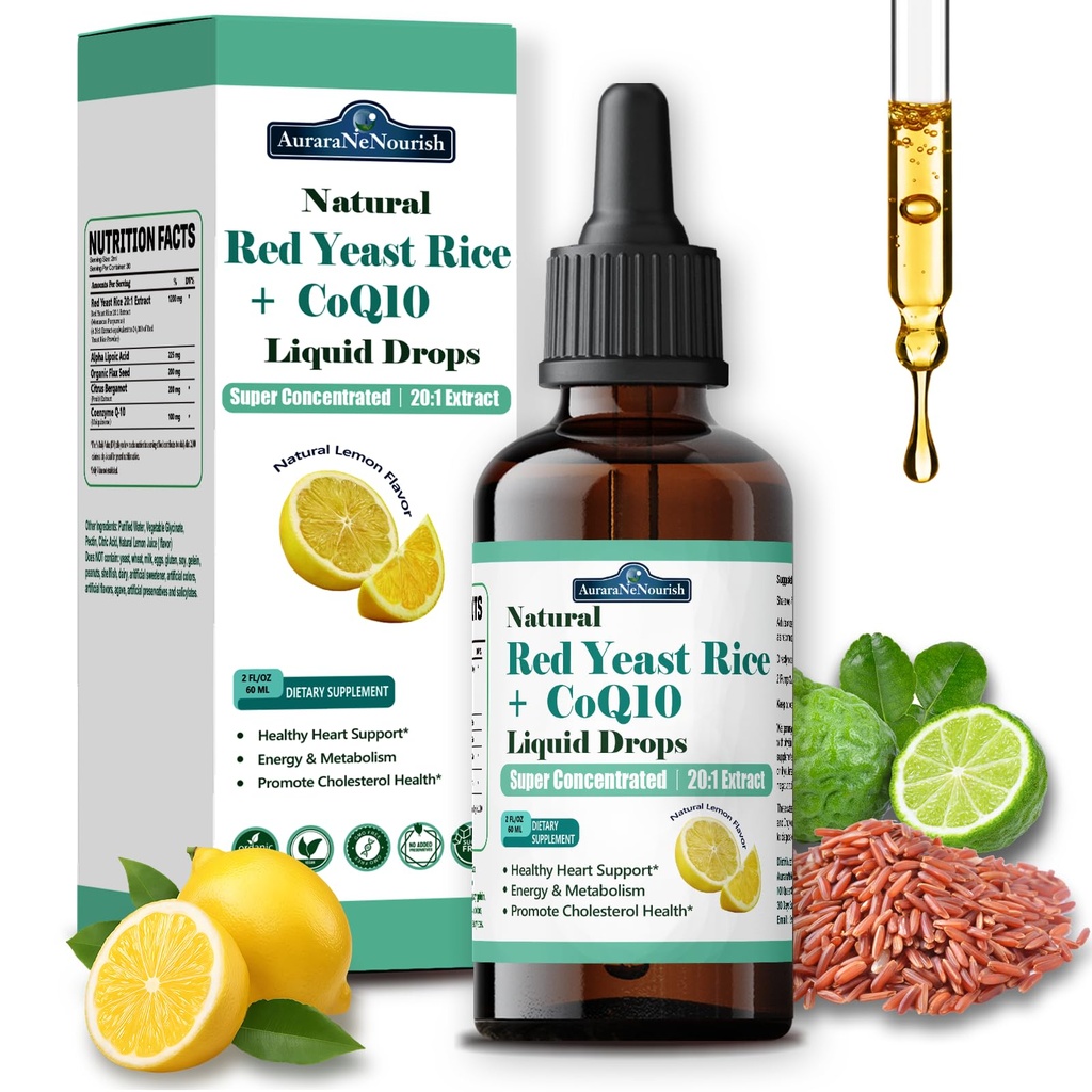 Liposomal Red Yeast Rice with Coq10 Liquid Drops, 5-in-1 Extra Strength 1200mg Cholesterol & Heart Support w. Citrus Bergamot Alpha Lipoic Acid | Cholesterol Lowering Supplement | GMO & Citrinin Free