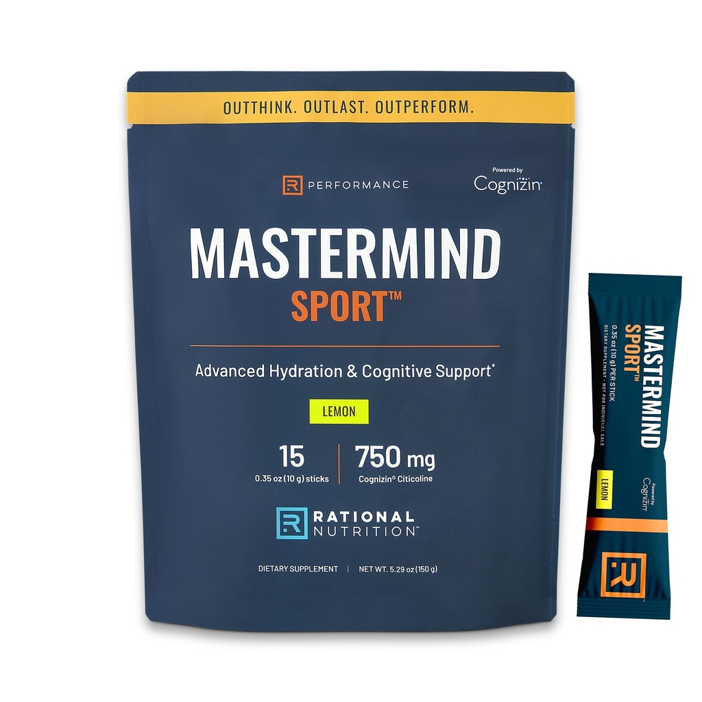 Mastermind Sport™ Electrolyte + Nootropic Stick Packs, 750 mg Cognizin® Citicoline, L-Tyrosine, L-Theanine, Taurine, Sodium Potassium Magnesium, Stim-Free, Sugar-Free, Lemon – 15 Servings