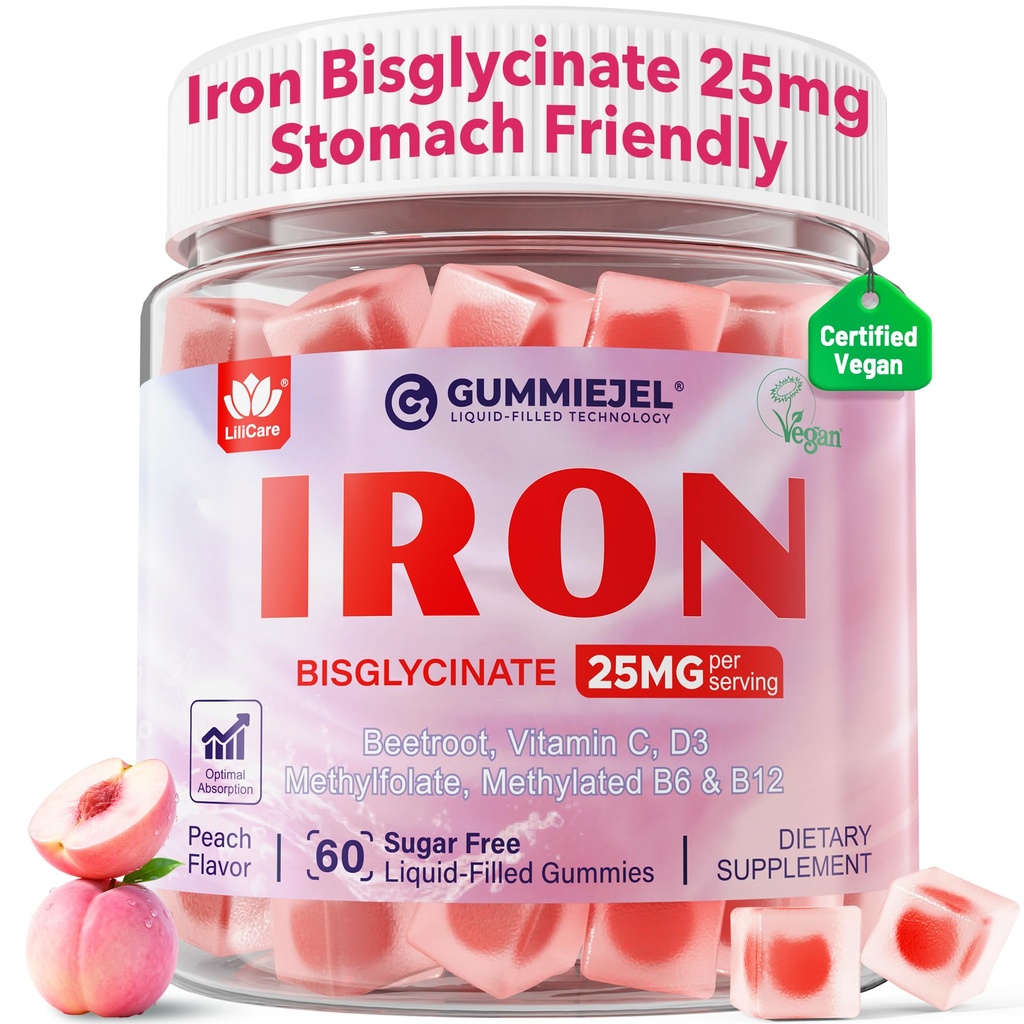 Vegan Iron Supplement for Women 25mg, Sugar Free Iron Gummies with Vitamin C, Methy B12, Folate for Energy Boost, Iron Deficency, No After Taste, Peach Flavor - 60 Count (Pack of 2)