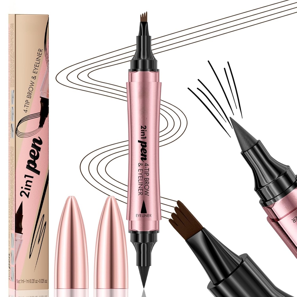 Q710 2in1pen,4-Tip Brow pen&Eyeliner,Dubbel-end ontwerp,wilde wenkbrauw make-up,microblad wenkbrauw pen, waterdicht,Zacht nib,Met een gladde beroerte(2#Donkerbruin)