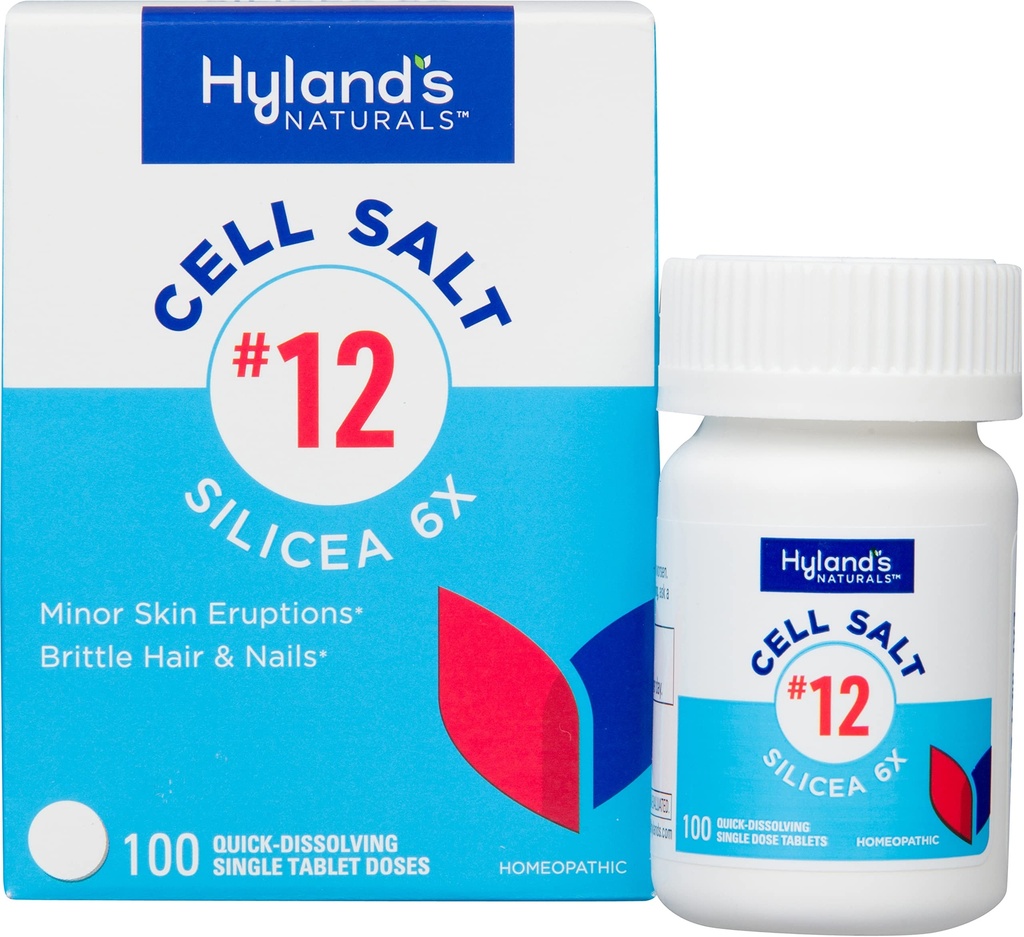 Hyland's No. 12 Cell Salt Silicea 6X tabletten, Acne en Blackhead behandeling, haar- en nagelgroei supplement en versterking, huid irritaties, snel oplossen tabletten, 100 Tellen