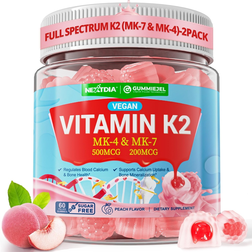 Vitamin K2 Gummies MK-7 200 mcg & MK-4 500 mcg for Women & Men Sugar Free, Perfect 2-IN-1 Full Spectrum Vitamin K2 Supplement for Bone, Promotes Calcium Absorption, Brain, Teeth, Immune, Pack of 2