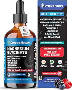 Magnesium Glycinate & Ashwagandha vloeibare druppels met Valeriaanwortel, kamille, passiebloem, citroenbalsem & L-Theanine - Veganistische snelle Absorptie - Supplement voor Wellness & Relaxation (Mixed Berry, 60ml)