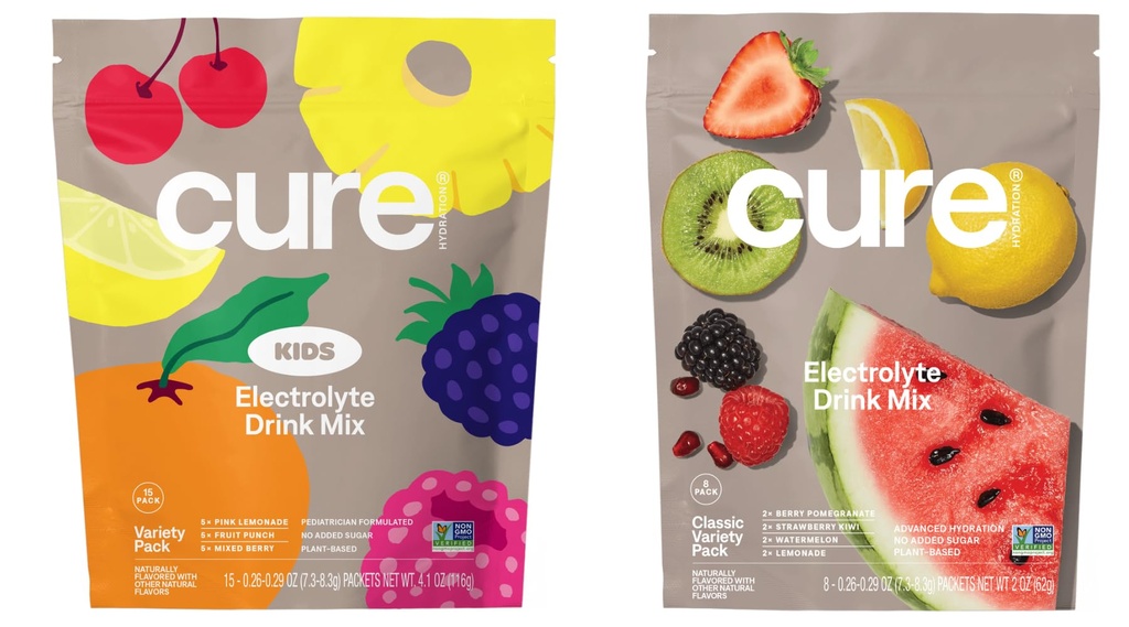 Cure Hydration Family Bundle | Plant-Based Electrolyte Drink Mix | No Added Sugar | Coconut Water | FSA-HSA | Non-GMO | Vegan & Gluten-Free | 15 Pack Kids Variety & 8 Pack Classic Variety